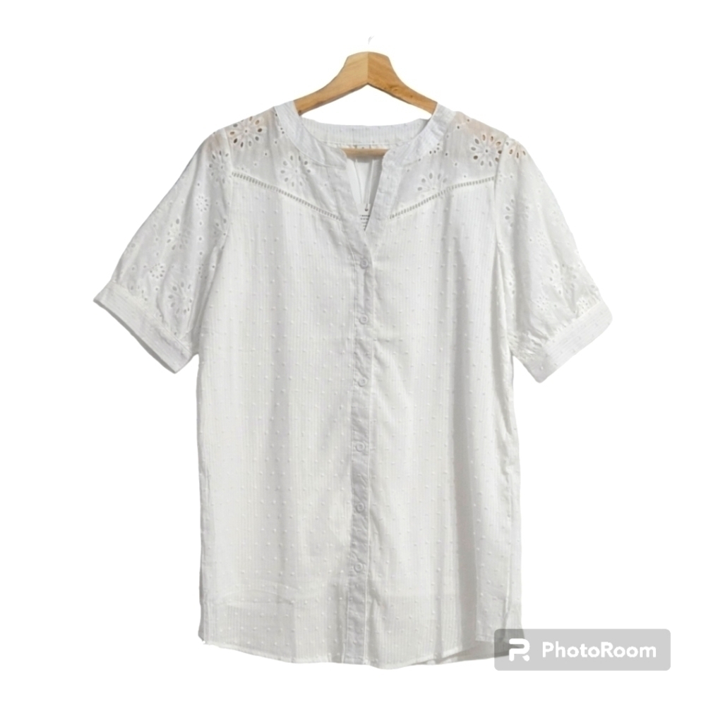 Summer White Eyelet Sleeve Button Down Shirt Top Size Small
